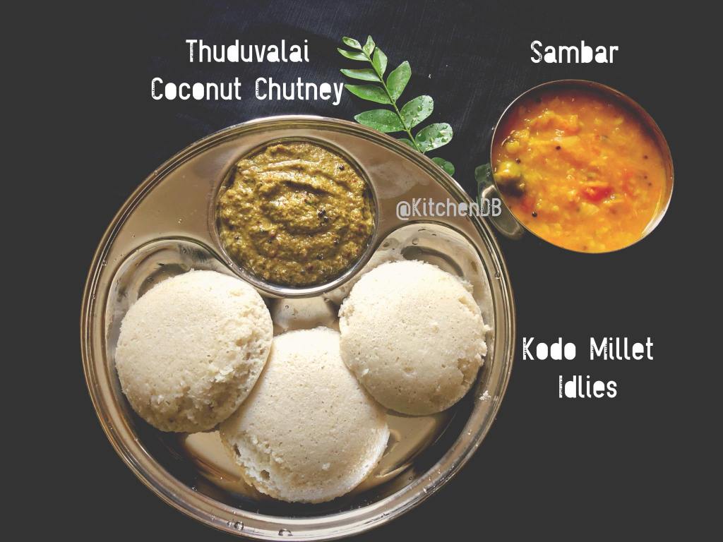 Kodo Millet Idly served with Spicy Thuduvalai Chutney and Idly Sambar 